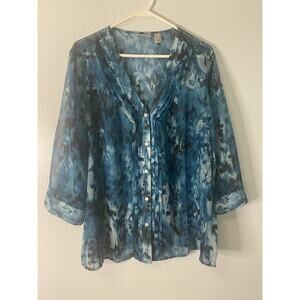 Chicos Sheer Button Down Blue Floral Blouse Size 3 (XL)